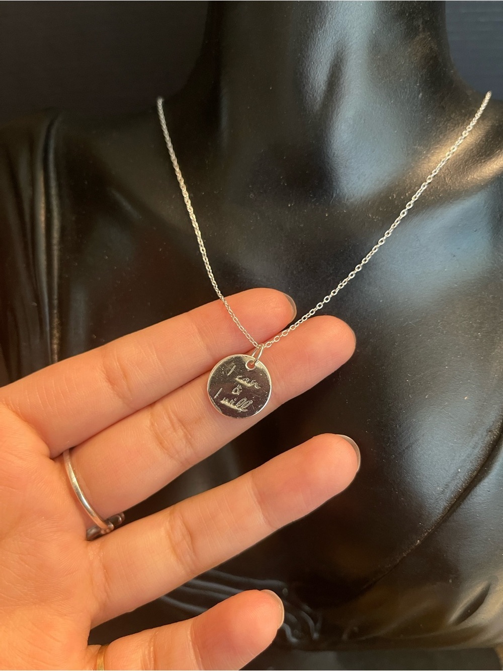 Sterling silver coin medallion “I can I will” quote necklace